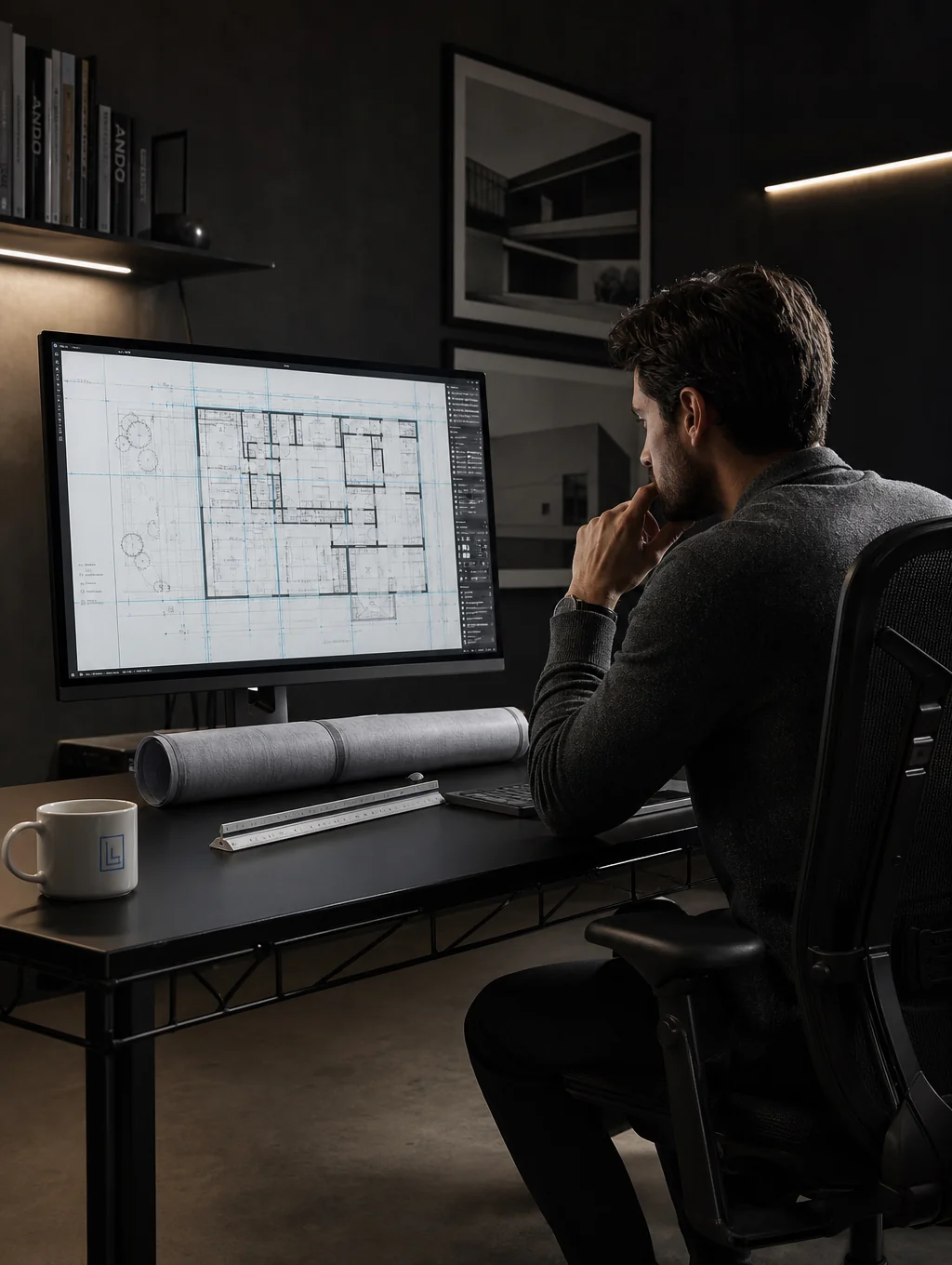 Modern architectural drafting studio with clean lines and professional tools